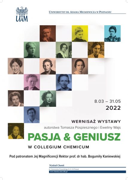 plakat wystawy Pasja i geniusz z podobiznami sławnych kobiet nauki
