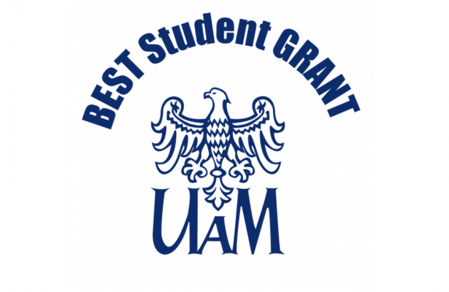 na zdjęciu na białym tle granatowe logo konkursu z napisem BestStudentGrant i orłem UAM na środki napisu