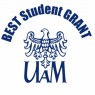 na zdjęciu na białym tle granatowe logo konkursu z napisem BestStudentGrant i orłem UAM na środki napisu