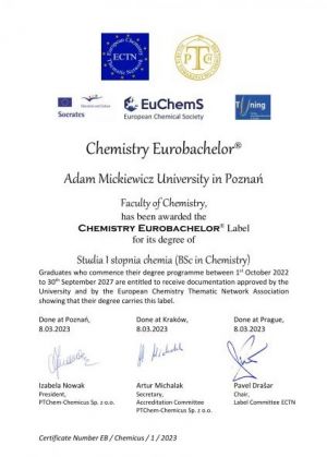 Certyfikaty Jakości Kształcenia Chemistry Eurobachelor® i Chemistry Euromaster® dla Wydziału!