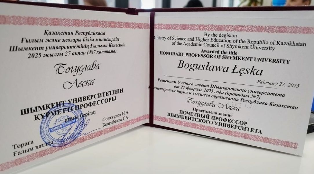 dokument nadanego tytułu honorowego profesora uczelni w Kazachstanie